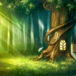 foresta-magica-dipinta-digital-con-la-casa-sull-albero-sveglia-di-fiaba-87259213