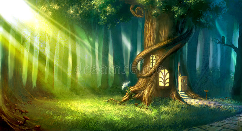 foresta-magica-dipinta-digital-con-la-casa-sull-albero-sveglia-di-fiaba-87259213
